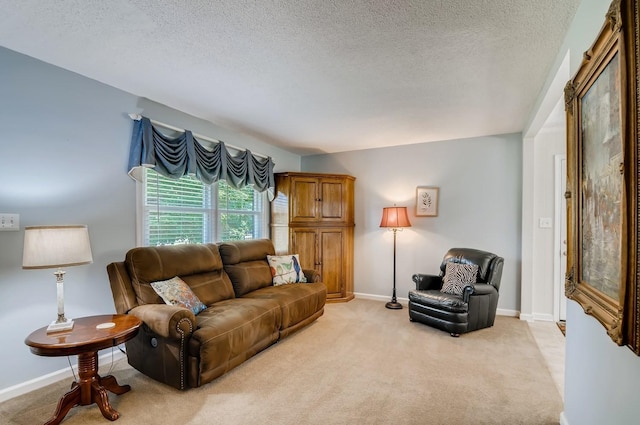 carpeted living room with a textured ceiling