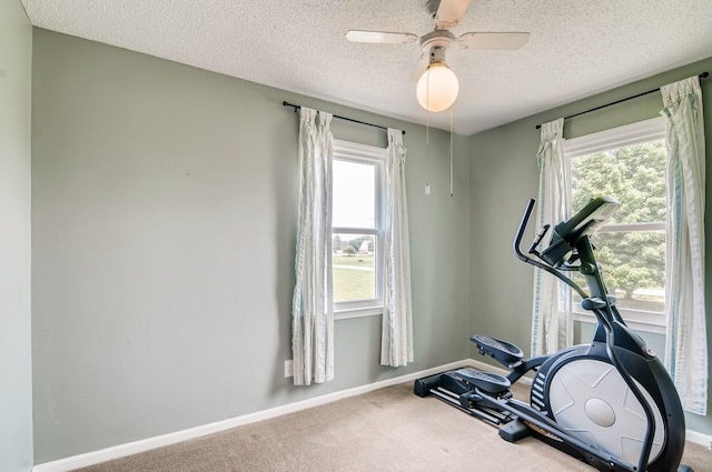 exercise area featuring carpet flooring, ceiling fan, and a textured ceiling