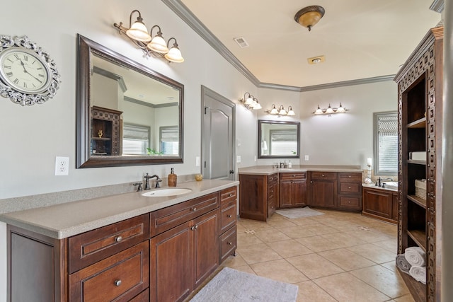 bathroom with tile patterned flooring, vanity, and ornamental molding