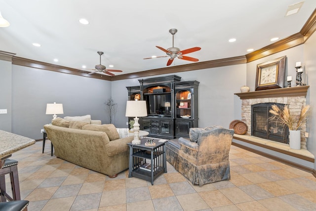 living room featuring crown molding, light tile patterned floors, and ceiling fan