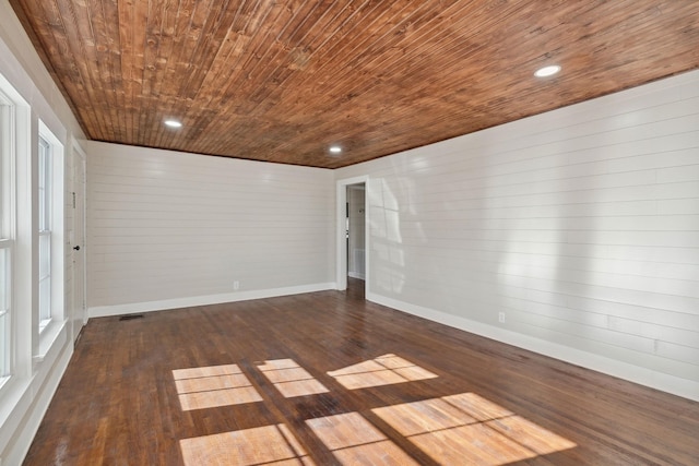 unfurnished room with dark hardwood / wood-style floors, wooden ceiling, and wood walls