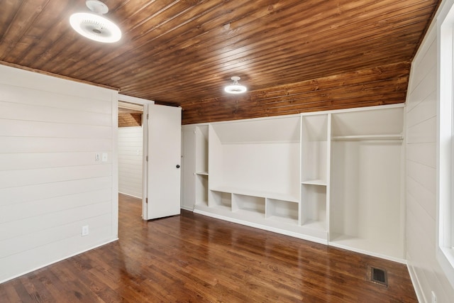 interior space with dark hardwood / wood-style floors, wood ceiling, and wooden walls