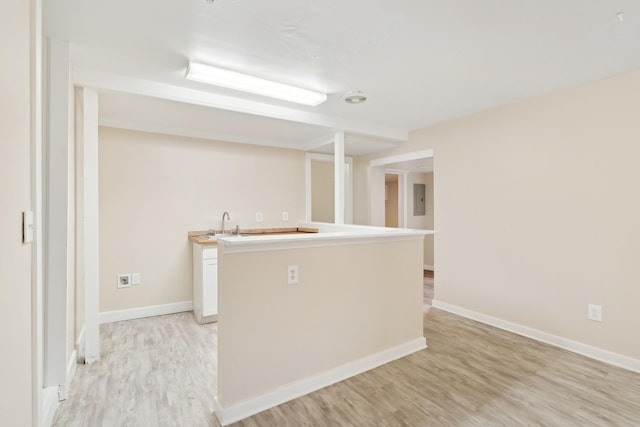 kitchen with a center island, light hardwood / wood-style floors, white cabinetry, and electric panel