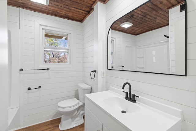 bathroom with wooden ceiling, hardwood / wood-style floors, toilet, wooden walls, and vanity