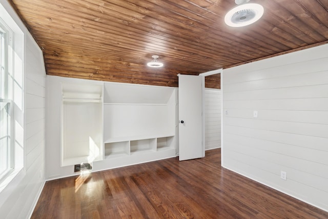 unfurnished room with dark hardwood / wood-style flooring, built in shelves, wooden walls, wooden ceiling, and lofted ceiling