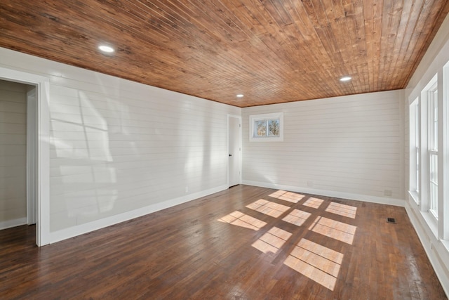 spare room with wood walls, wooden ceiling, and dark wood-type flooring