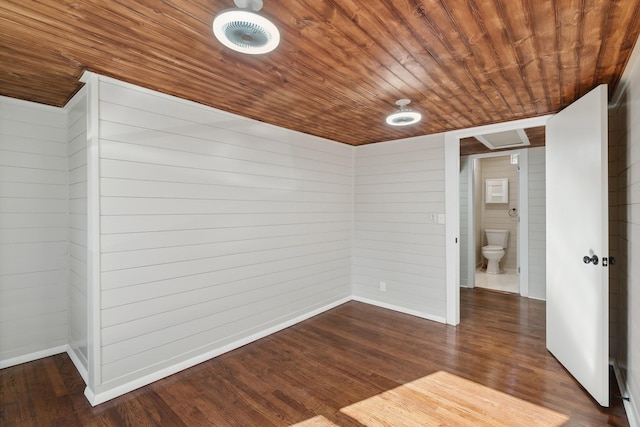 spare room featuring dark hardwood / wood-style floors, wood walls, and wooden ceiling