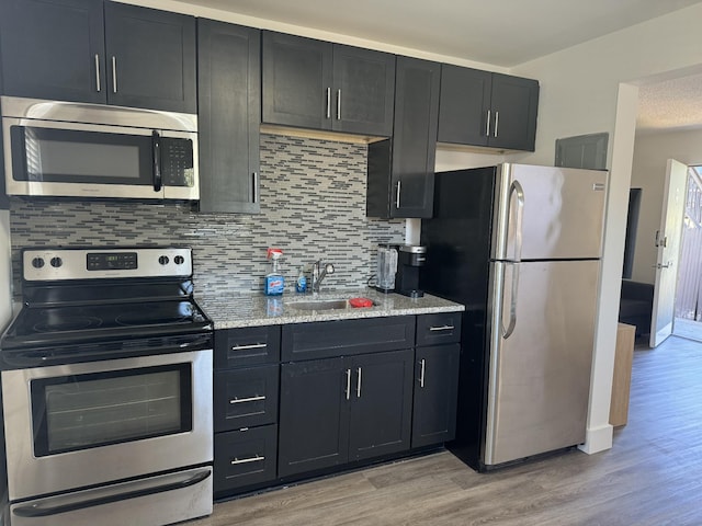 kitchen featuring light wood-type flooring, stainless steel appliances, sink, and backsplash