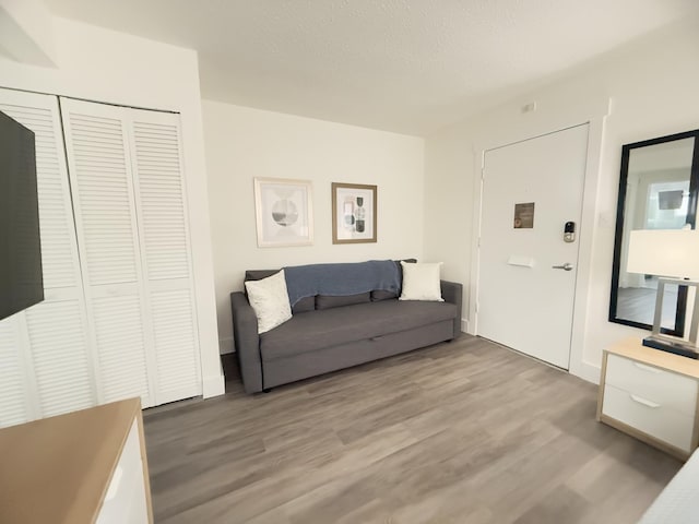 living room with hardwood / wood-style flooring and a textured ceiling