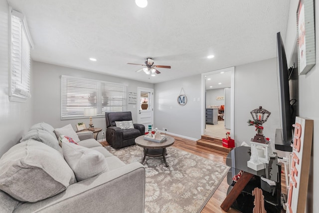 living room featuring ceiling fan, hardwood / wood-style floors, and a textured ceiling