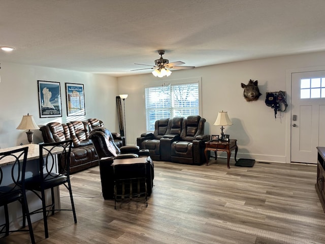 living room with hardwood / wood-style flooring, plenty of natural light, and ceiling fan