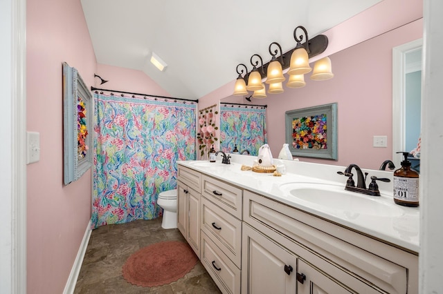 bathroom featuring a shower with curtain, vanity, toilet, and lofted ceiling