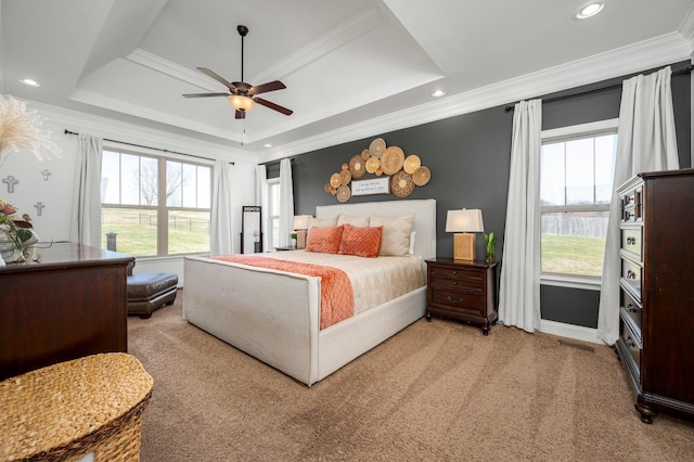 carpeted bedroom featuring ceiling fan, a tray ceiling, and multiple windows