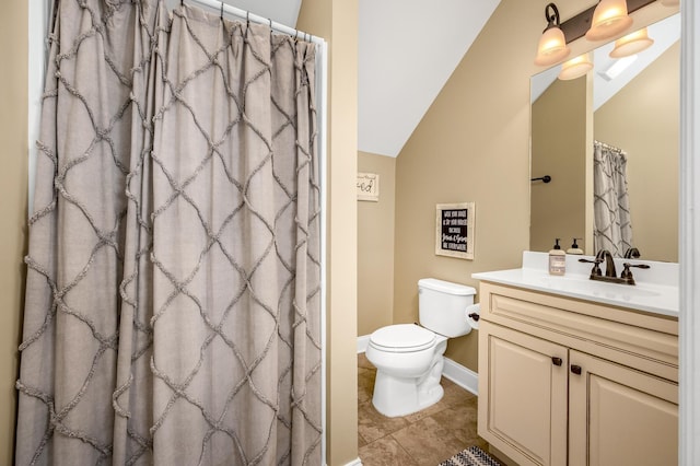 bathroom featuring walk in shower, vanity, tile patterned flooring, toilet, and lofted ceiling