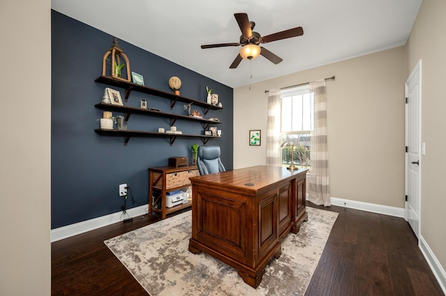 office area with ceiling fan and dark wood-type flooring