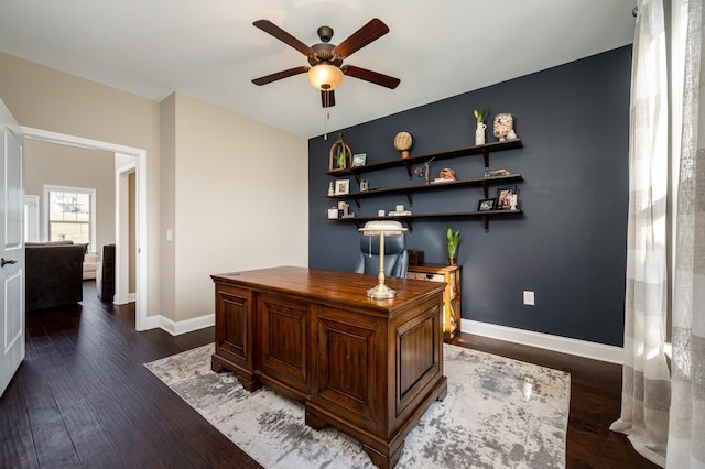 home office with ceiling fan and dark wood-type flooring