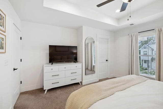 bedroom featuring carpet flooring, ceiling fan, a raised ceiling, and multiple windows