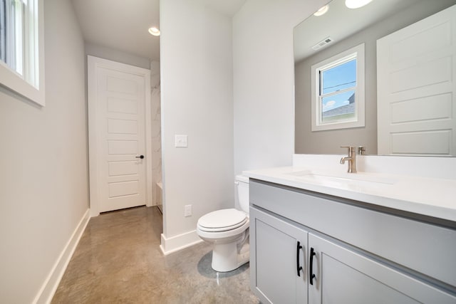 full bathroom with vanity, toilet, concrete flooring, and tub / shower combination