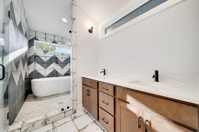 bathroom featuring vanity, separate shower and tub, and tile walls