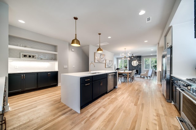 kitchen with sink, stainless steel appliances, an island with sink, pendant lighting, and light wood-type flooring