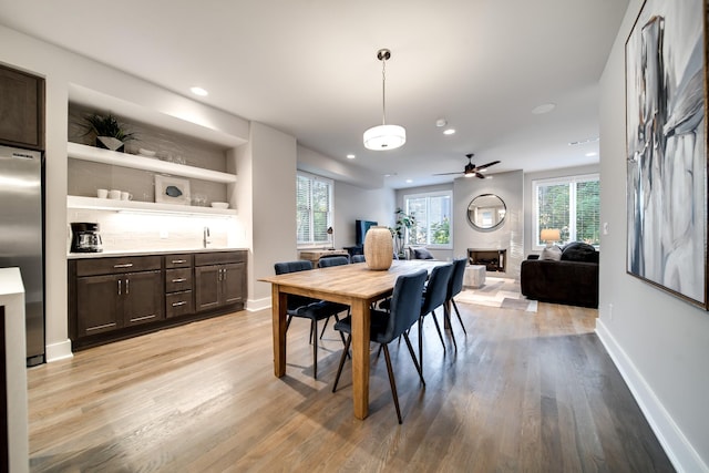 dining room featuring ceiling fan and light hardwood / wood-style flooring