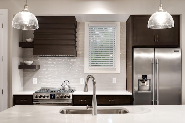 kitchen with tasteful backsplash, sink, exhaust hood, and high end appliances