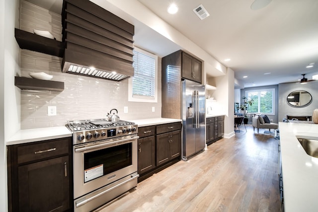 kitchen featuring light wood-type flooring, dark brown cabinetry, high quality appliances, and backsplash