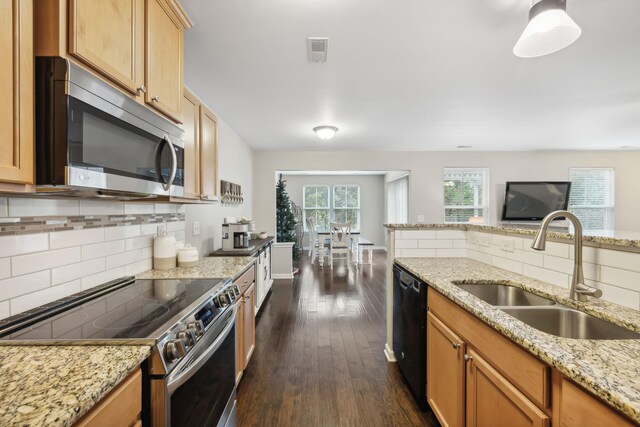 kitchen with light stone countertops, sink, stainless steel appliances, dark hardwood / wood-style flooring, and backsplash