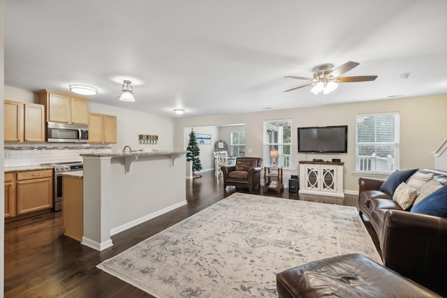 living room featuring dark hardwood / wood-style flooring and ceiling fan