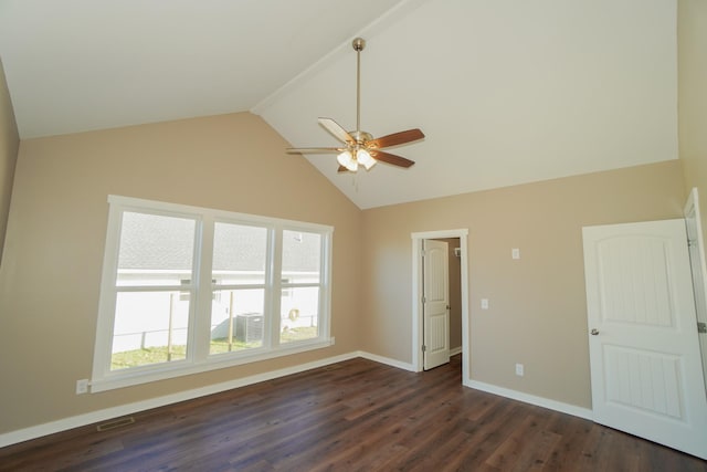 unfurnished room featuring dark hardwood / wood-style floors, ceiling fan, and lofted ceiling