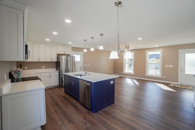 kitchen featuring dark hardwood / wood-style flooring, an island with sink, stainless steel appliances, and sink