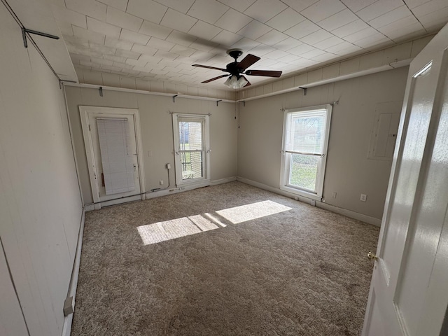 carpeted spare room with ceiling fan and a healthy amount of sunlight