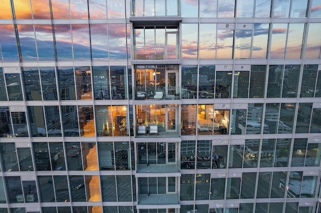 view of outdoor building at dusk