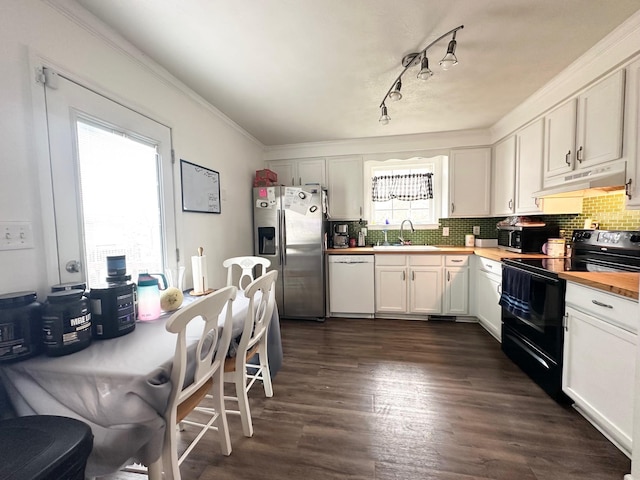 kitchen featuring electric range, stainless steel fridge, a wealth of natural light, and white dishwasher