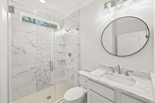 bathroom featuring crown molding, a shower with door, vanity, and toilet