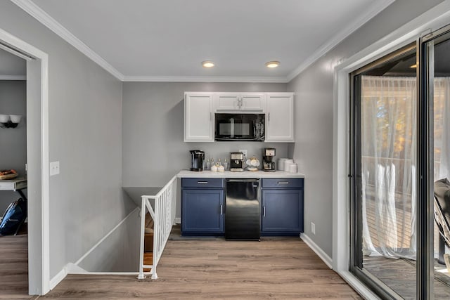 bar with black appliances, light hardwood / wood-style floors, white cabinetry, and crown molding