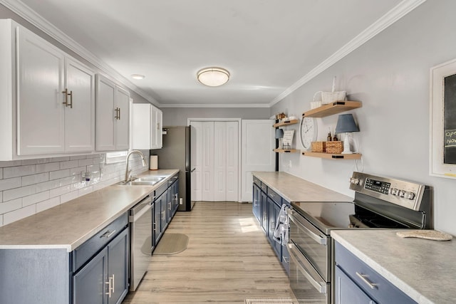 kitchen with light wood-type flooring, stainless steel appliances, sink, blue cabinetry, and white cabinets