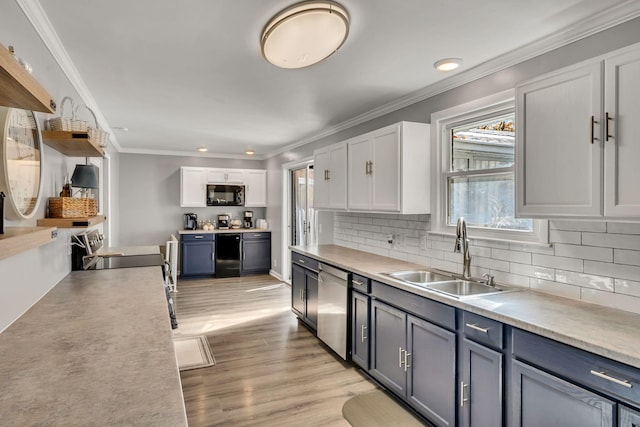 kitchen featuring dishwasher, sink, light wood-type flooring, white cabinets, and ornamental molding