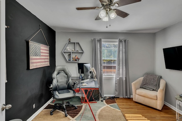 office area featuring ceiling fan and light hardwood / wood-style flooring