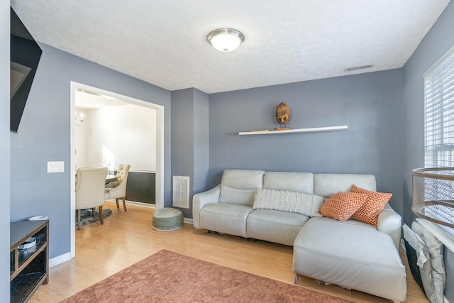 living room with a textured ceiling and light hardwood / wood-style flooring