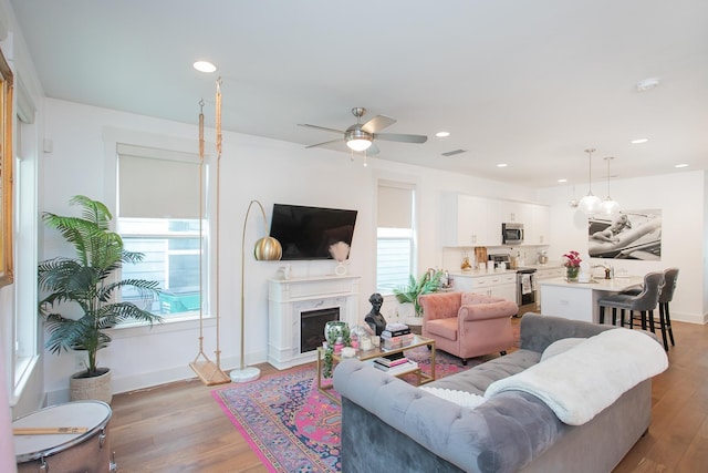 living room featuring ceiling fan, light wood-type flooring, plenty of natural light, and a premium fireplace