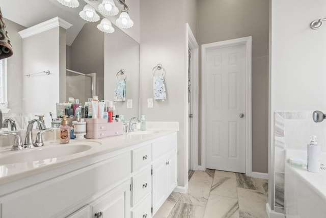 bathroom featuring independent shower and bath and vanity