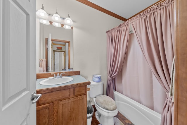 full bathroom with vanity, toilet, shower / bathtub combination with curtain, and ornamental molding