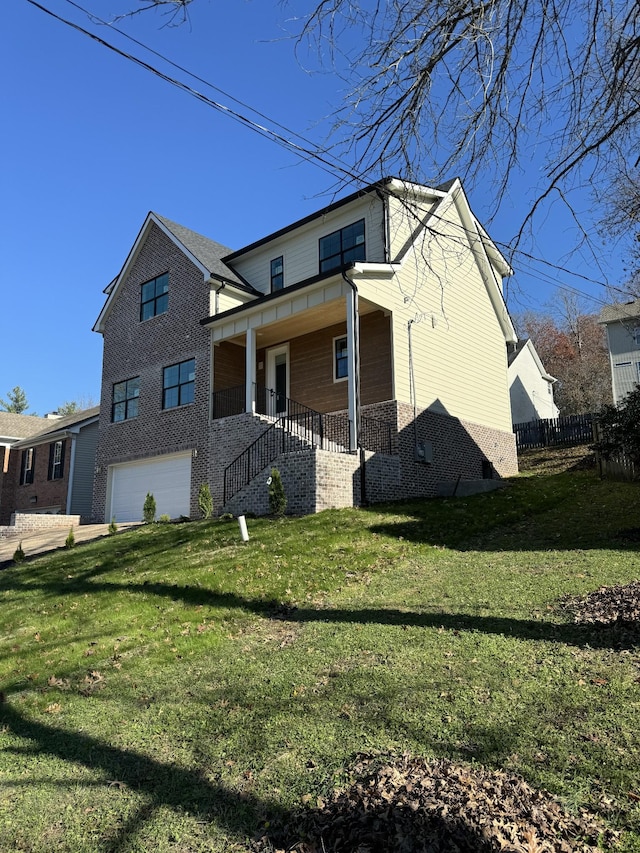 view of property exterior with a porch, a garage, and a lawn