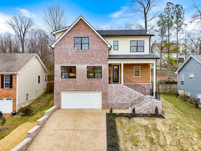 view of front facade with an attached garage, stairs, concrete driveway, and brick siding