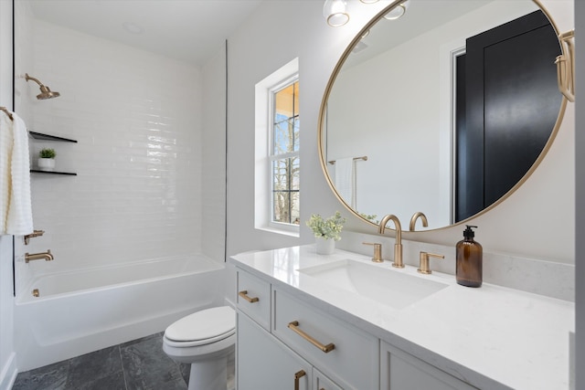 full bath with toilet, shower / tub combination, and vanity