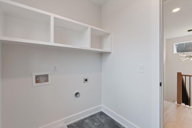 clothes washing area with washer hookup, recessed lighting, electric dryer hookup, laundry area, and baseboards