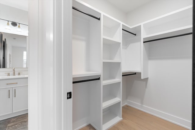 walk in closet featuring light wood-type flooring and a sink