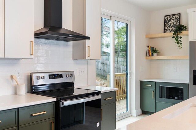 kitchen featuring extractor fan, white cabinets, electric stove, light countertops, and open shelves