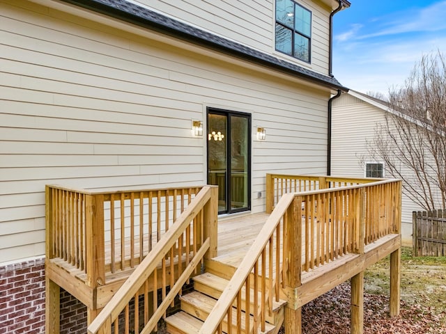 wooden terrace featuring stairway